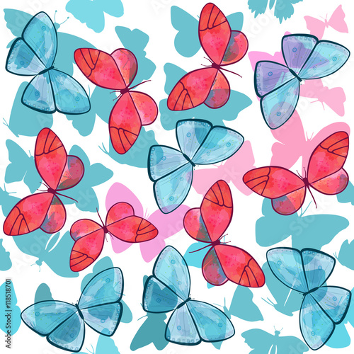 Seamless butterflies pattern, vector and watercolor texture