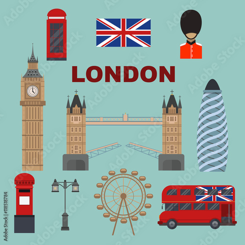 Flat UK, London travel object set