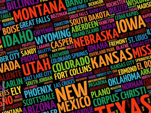 USA cities names word cloud collage, concept background