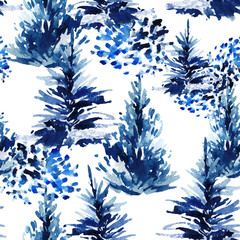 Fototapete Waldmuster Aquarell Tannenbaum Weihnachtsmuster  © Tanya Syrytsyna