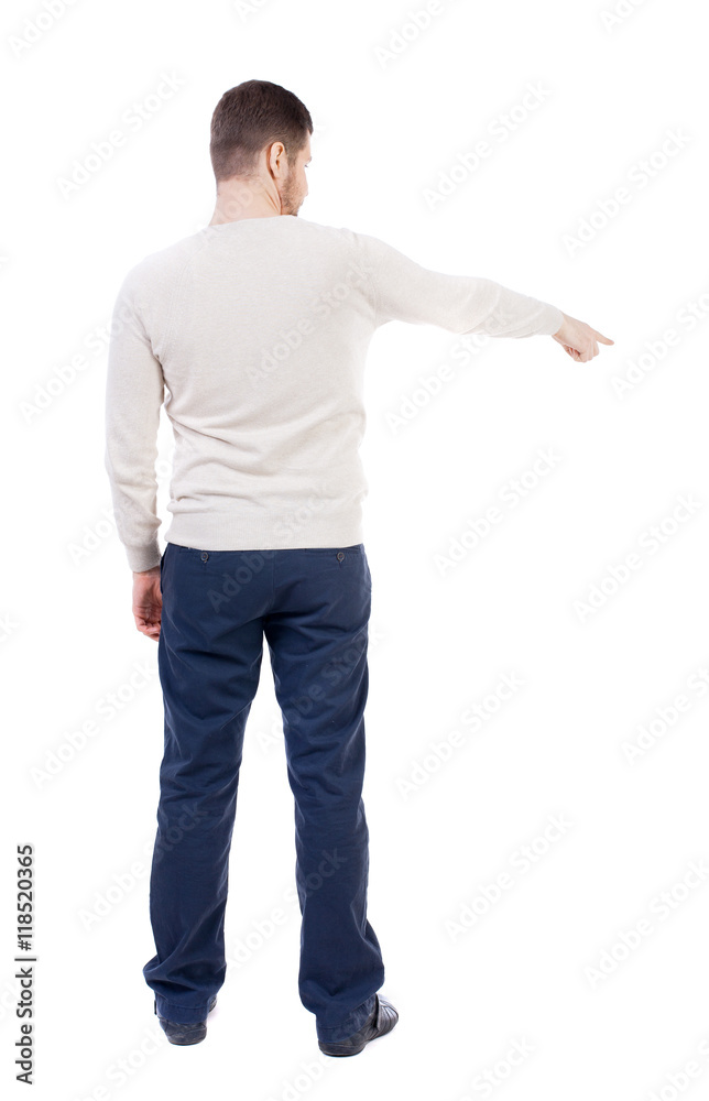 Back view of going business man pointing. walking young guy . Rear view people collection. backside view of person. Isolated over white background. The bearded man in a white warm sweater shows Back view of going business man pointing. walking young guy . Rear view people collection. backside view of person. Isolated over white background. The bearded man in a white warm sweater shows