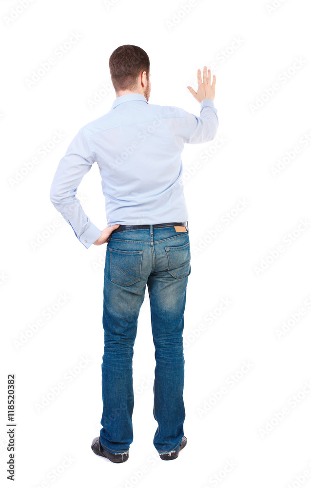 Back view of beautiful business man welcomes. Young businessman in suit. Rear view people collection. backside view of person. Isolated over white background. Bearded businessman showing an open Back view of beautiful business man welcomes. Young businessman in suit. Rear view people collection. backside view of person. Isolated over white background. Bearded businessman showing an open