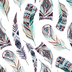 Papier peint photo Plumes aquarelles patrons Plumes tribales décorées aquarelle ethnique  © Tanya Syrytsyna