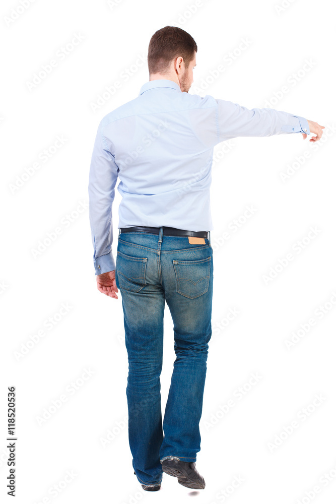 Back view of going business man pointing. walking young guy . Rear view people collection. backside view of person. Isolated over white background. Bearded businessman in white shirt and talking Back view of going business man pointing. walking young guy . Rear view people collection. backside view of person. Isolated over white background. Bearded businessman in white shirt and talking