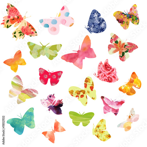 Vector set of 20 butterflies with fancy watercolor textures