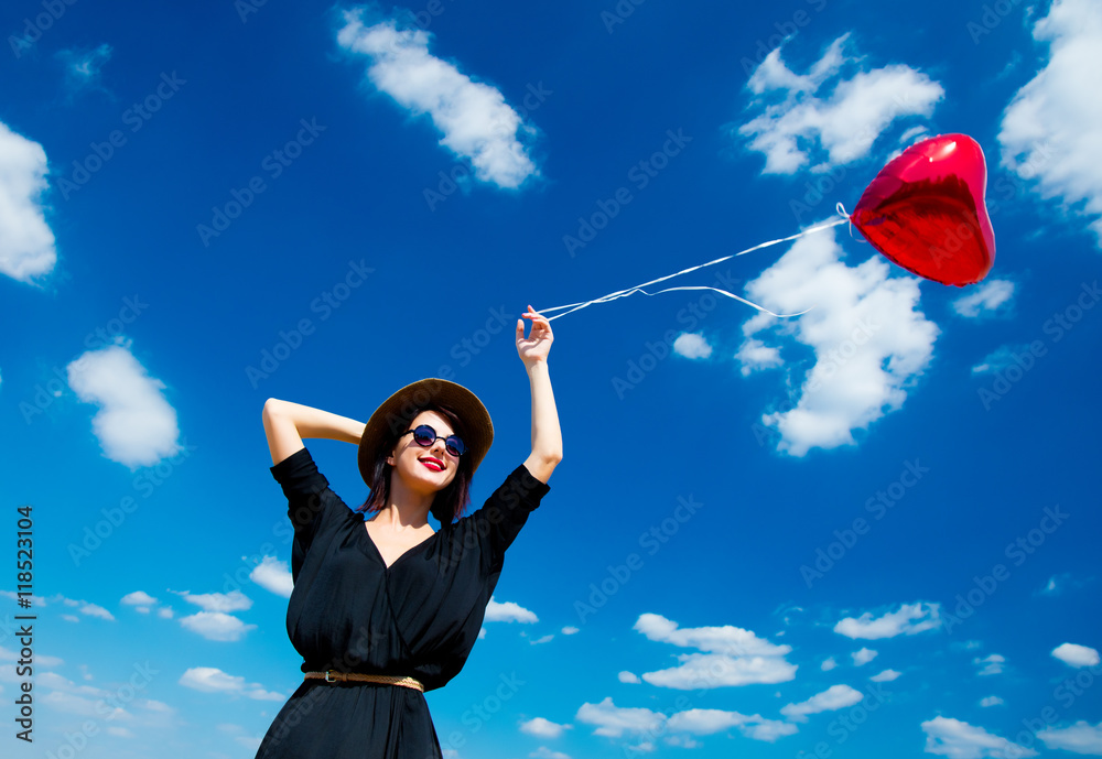 young woman with balloon - obrazy, fototapety, plakaty 