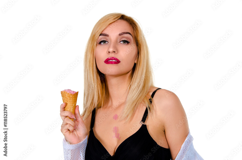 portrait of blonde woman with ice cream portrait of blonde woman with ice cream