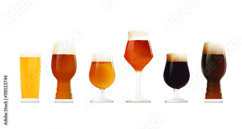 Beer Glasses Set. Different types of beer - Hoppy Lager, IPA, Golden Ale, APA, Stout, DIPA. Craft Beer. Craft Brewery. photo