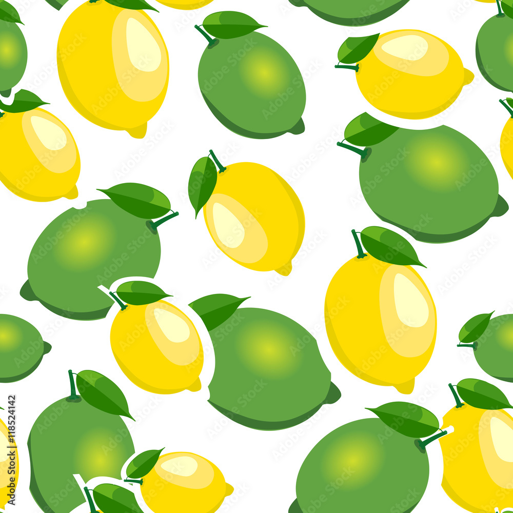 Seamless pattern with big lemons and limes with leaves. White background. Seamless pattern with big lemons and limes with leaves. White background.