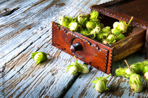 Green hazelnuts in drawer on white vintage table