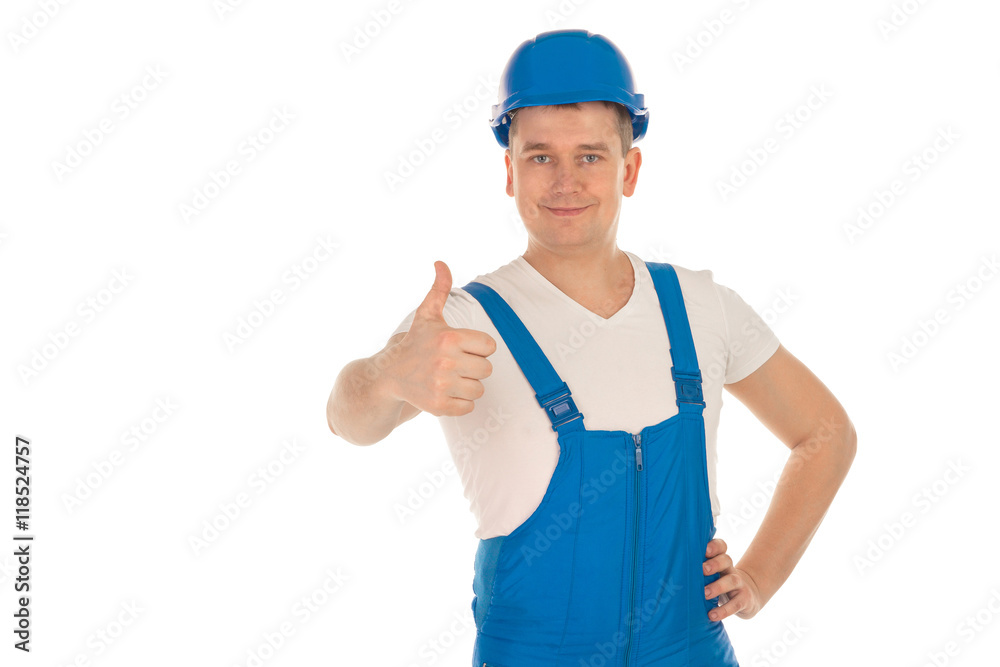 cheerful male builder in blue uniform