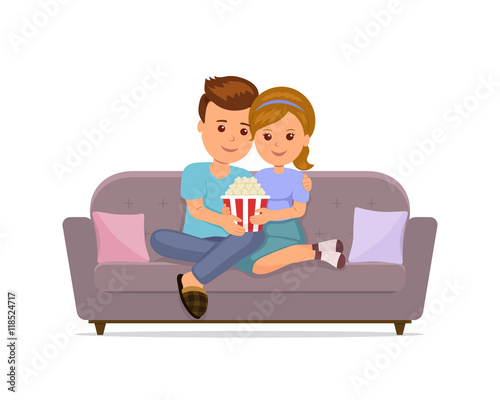 Couple sitting on sofa cuddling, eating popcorn and watching TV. Man and woman together relaxing on the comfortable sofa in the evening. Isolated vector illustration.