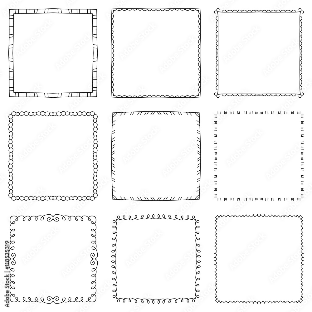 Set of hand drawn decorative square frames and borders. Mono line design templates, isolated on white background