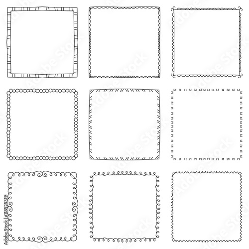 Set of hand drawn decorative square frames and borders. Mono line design templates, isolated on white background