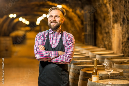 Portrait of a handsome sommelier in apron and checkered shirt standing in the old wine cellar. Maturing wine in oak barrels in underground natural cellar