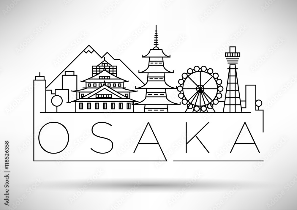 Naklejka premium Minimalny wektor panoramę miasta Osaka z typograficznym projektem