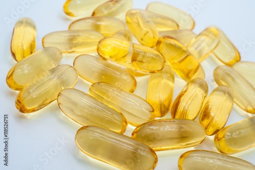 Omega 3 capsules from Fish Oil on white background.