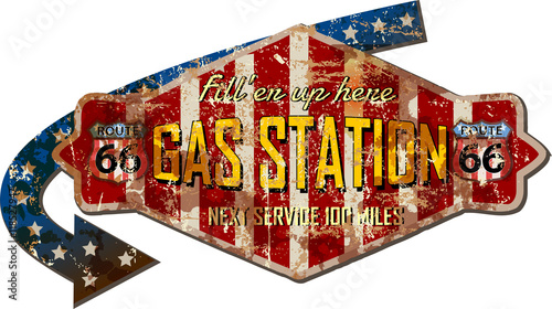 grungy retro route 66 gas station sign, vector illustrati