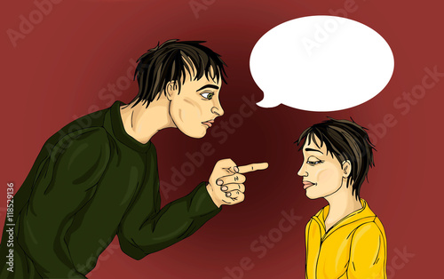 Father scolds his son. Man punishes the child. Boy sad looking 