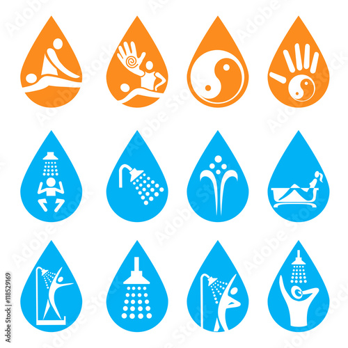 Spa massage shower icons.
Set of blue spa, massage, shower icons in the drop shape. Vector available.
