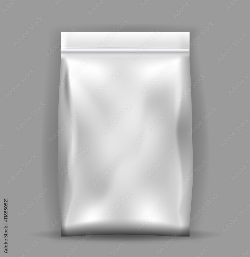 Snack package frontally. Packing for the isolation of the product on a white background with reflections and soldering white color Snack package frontally. Packing for the isolation of the product on a white background with reflections and soldering white color