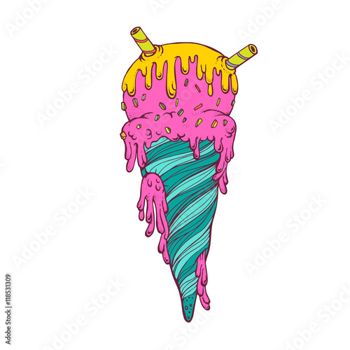 Hand drawn a icecream filled with sour cream melted sloppy flow. Vector illustration graffiti perfect funny Doodle stylized.