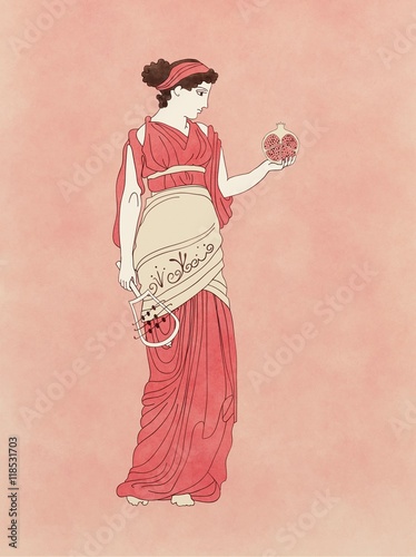 Persephone with pomegranate and sistrum, based on ancient greek pottery and ceramics red-figure drawings photo