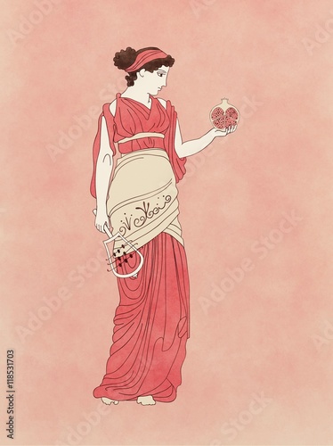 Persephone with pomegranate and sistrum, based on ancient greek pottery and ceramics red-figure drawings