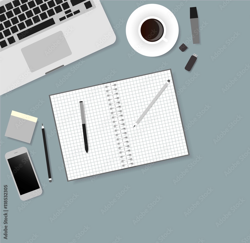 Desks laptop screen vector illustration of business people Top View angle above the office Desks laptop screen vector illustration of business people Top View angle above the office