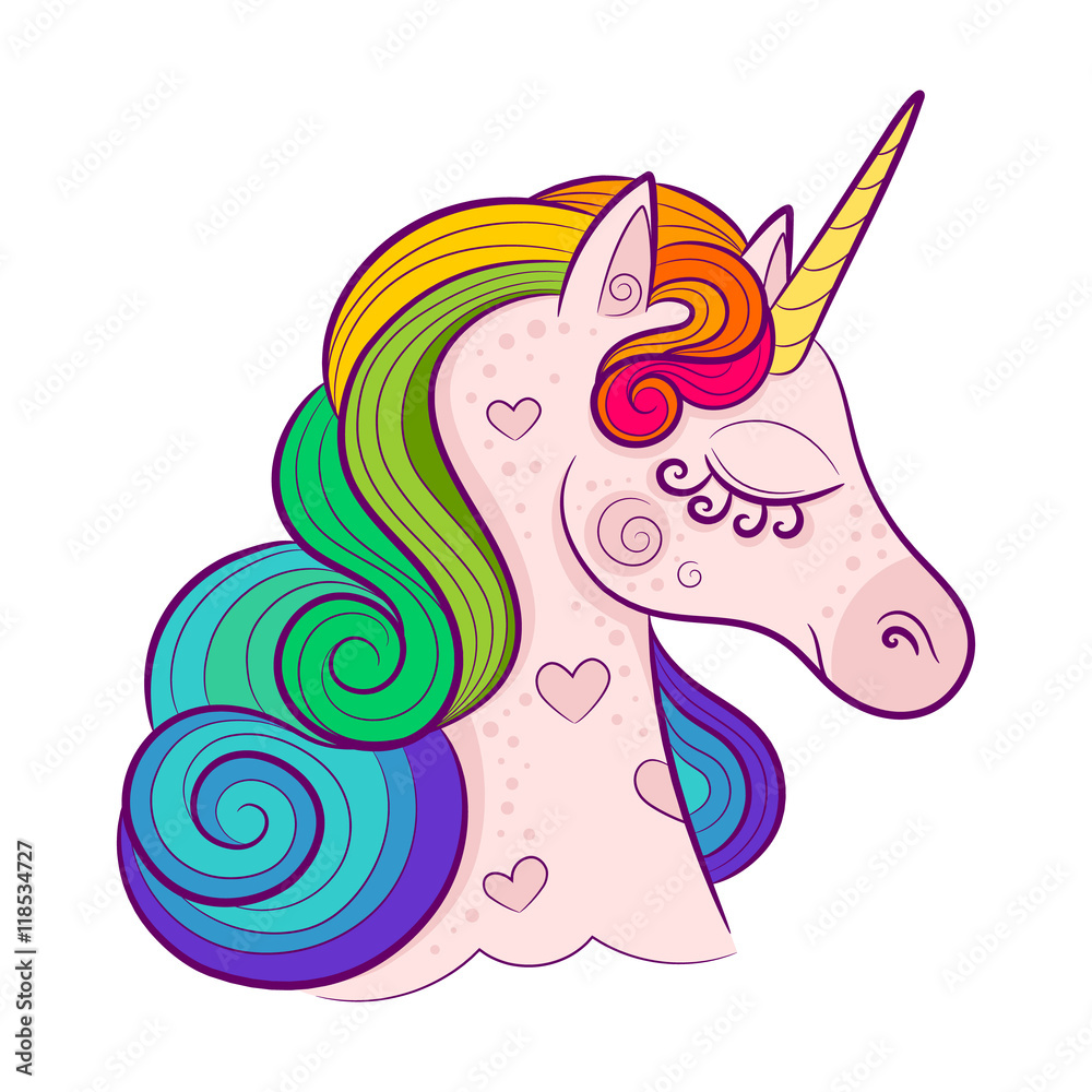 Head of cute white unicorn with rainbow mane isolated on white background. Vector illustration