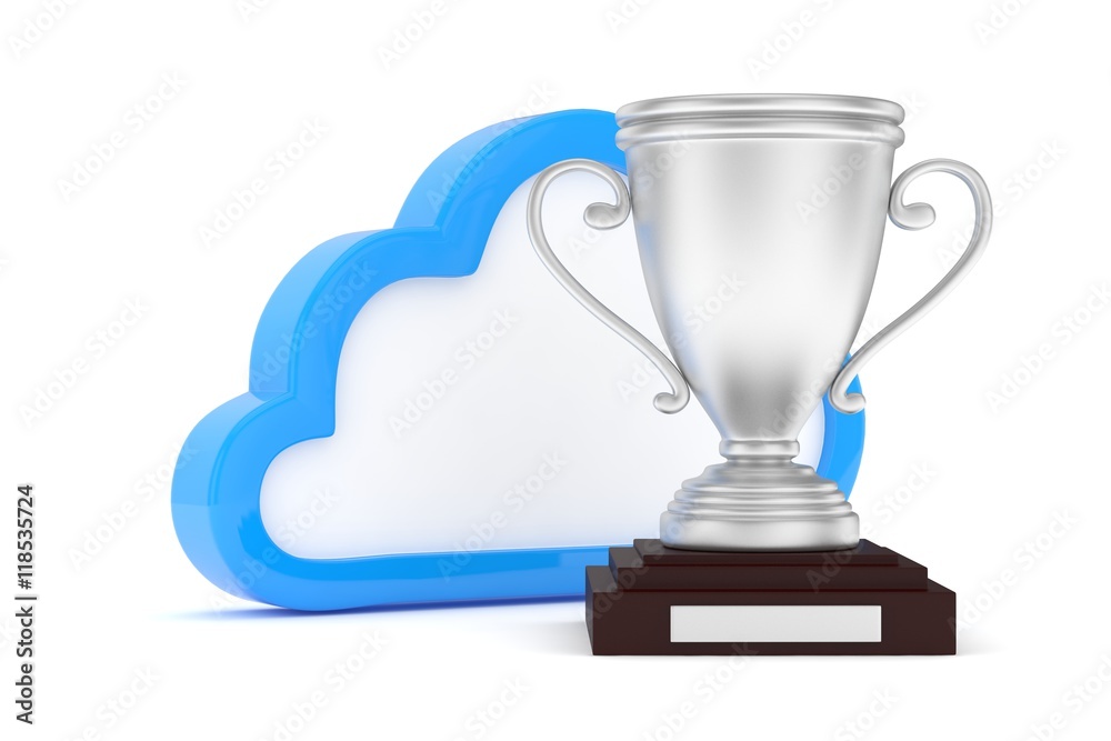 Isoalted silver cup with cloud on white background. Blue contour cloud. Concept of cloud storage competition. Leader cloud drive. Best storage contest. 3D rendering. Isoalted silver cup with cloud on white background. Blue contour cloud. Concept of cloud storage competition. Leader cloud drive. Best storage contest. 3D rendering.