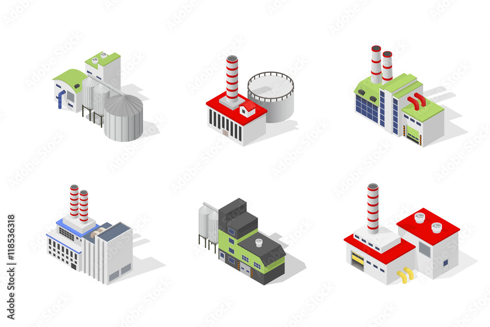 Naklejka premium Icons and compositions of industrial building, isolated constructions, subjects isometric view, 3D. Vector set of industry.
