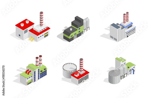 Icons and compositions of industrial building, isolated constructions, subjects isometric view, 3D. Vector set of industry.