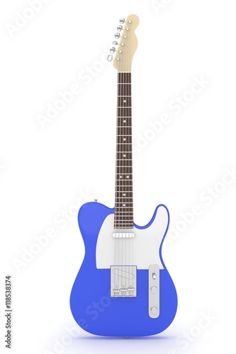 Isolated blue electric guitar on white background. Musical instrument for rock, blues, metal songs. 3D rendering.