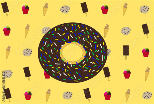 Set of ice-cream, big donut and cookies, on yellow background, vector illustration