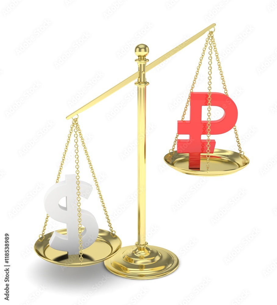 Isolated old fashioned pan scale with dollar and ruble on white background. American and russian currency. Dollar is heavier. Silver usd, red rouble. 3D rendering. Isolated old fashioned pan scale with dollar and ruble on white background. American and russian currency. Dollar is heavier. Silver usd, red rouble. 3D rendering.
