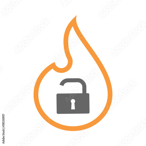 Isolated isolated line art flame icon with an open lock pad