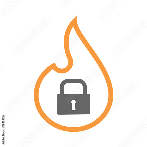 Isolated isolated line art flame icon with a closed lock pad