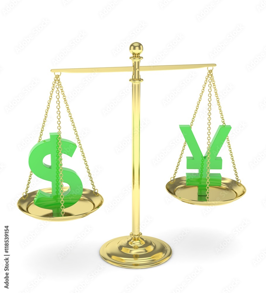 Isolated old fashioned pan scale with dollar and yuan,yen on white background. American and chinese and japanese currency. Currency equality. Green money. 3D rendering. Isolated old fashioned pan scale with dollar and yuan,yen on white background. American and chinese and japanese currency. Currency equality. Green money. 3D rendering.