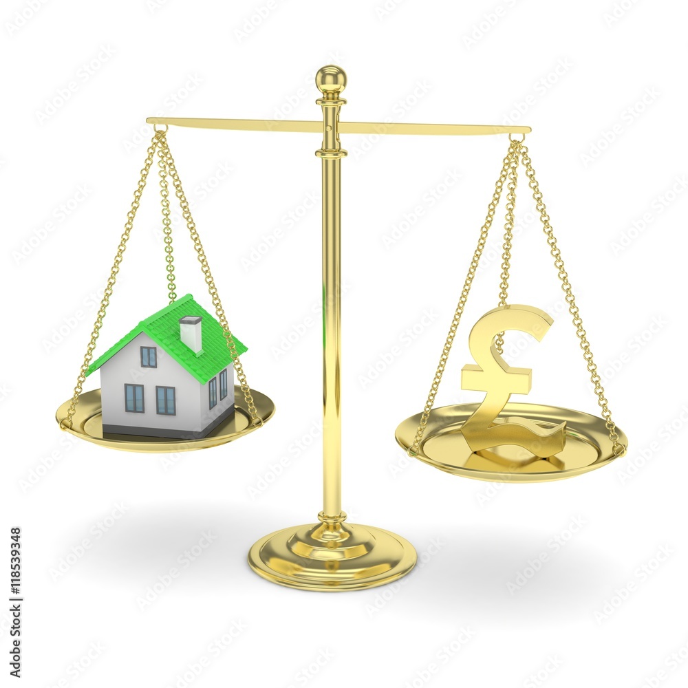 Isolated golden scales with golden pound and house on white background. Investment or savings concept. Real estate and currency. 3D rendering.