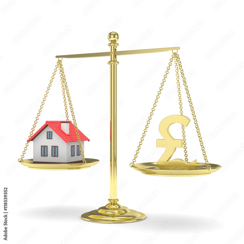 Isolated golden scales with golden pound and house on white background. Investment or savings concept. Real estate and currency. 3D rendering. Isolated golden scales with golden pound and house on white background. Investment or savings concept. Real estate and currency. 3D rendering.