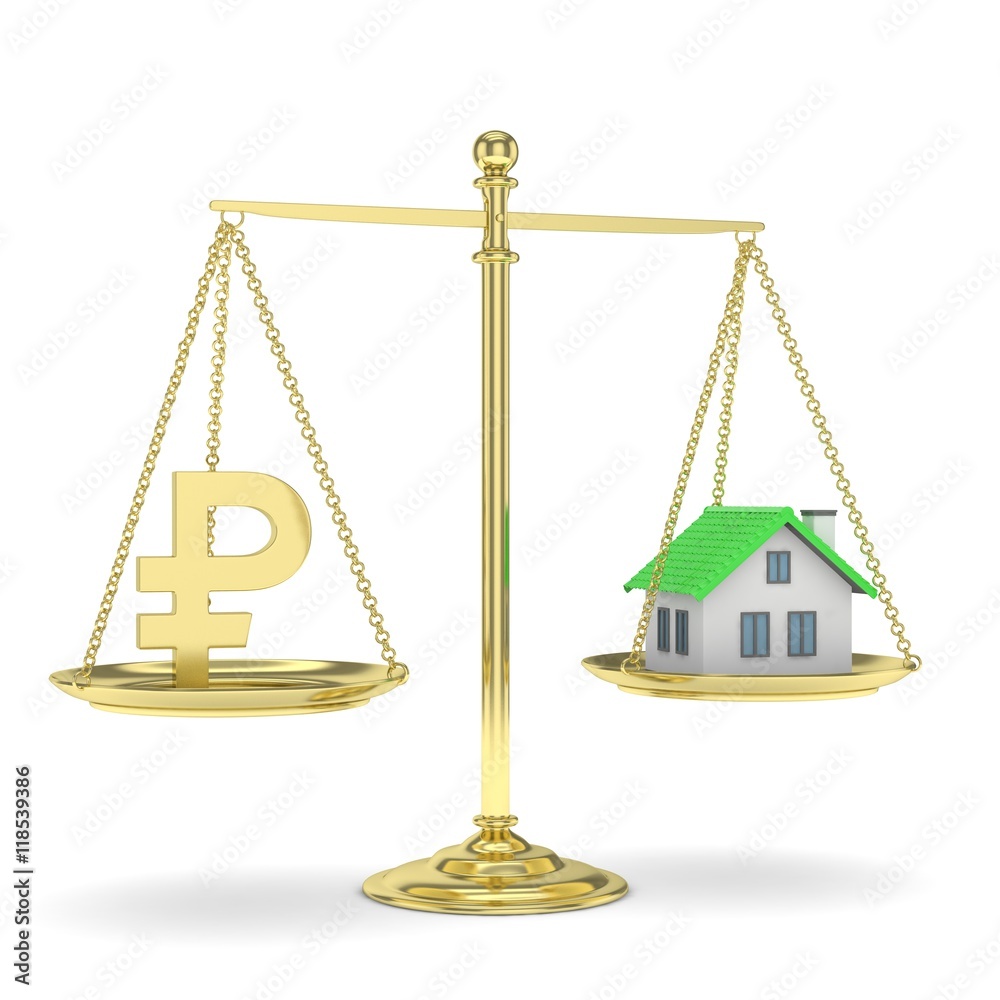 Isolated golden scales with golden rouble and house on white background. Investment or savings concept. Real estate and currency. 3D rendering. Isolated golden scales with golden rouble and house on white background. Investment or savings concept. Real estate and currency. 3D rendering.