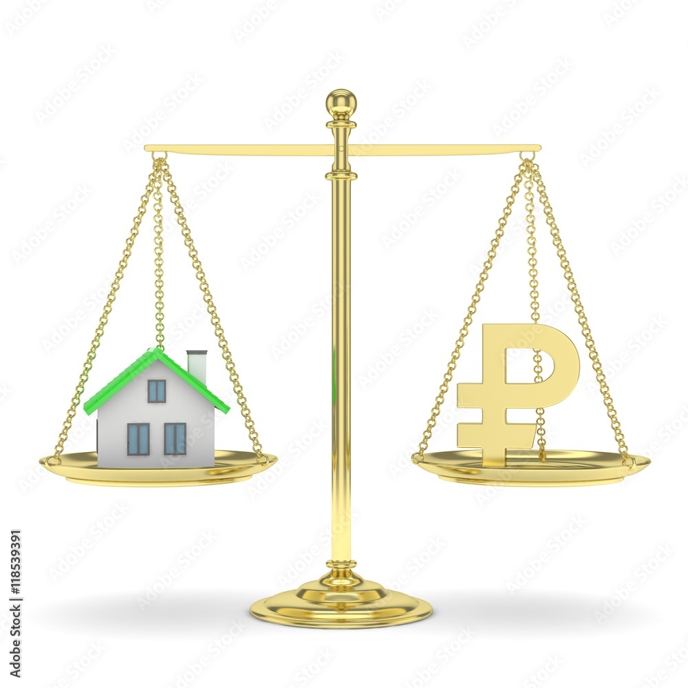 Isolated old fashioned pan scale with ruble and house on white background. Real estate vs russian currency. Affordable house. 3D rendering. Isolated old fashioned pan scale with ruble and house on white background. Real estate vs russian currency. Affordable house. 3D rendering.