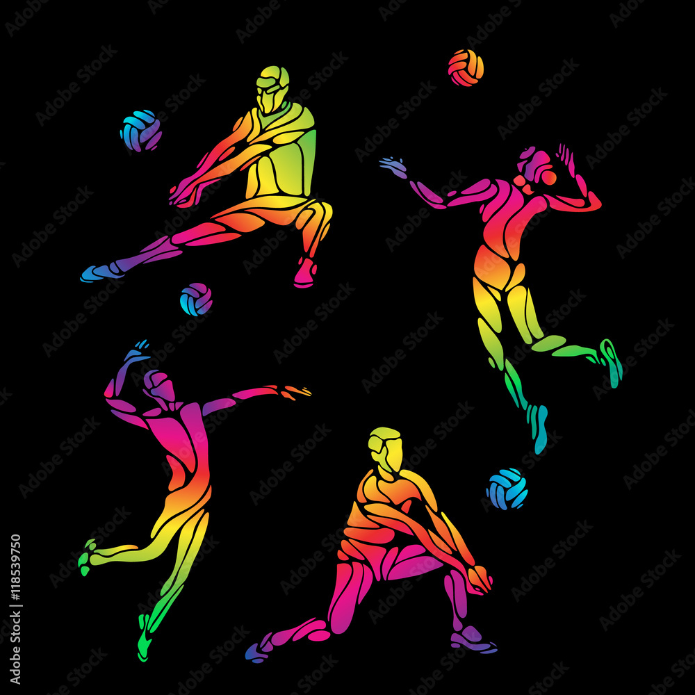 Vector volleyball silhouettes rainbow collection