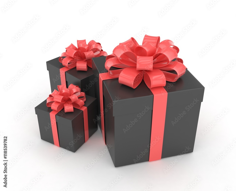 three gift boxes with bows isolated on white. 3d rendering. three gift boxes with bows isolated on white. 3d rendering.