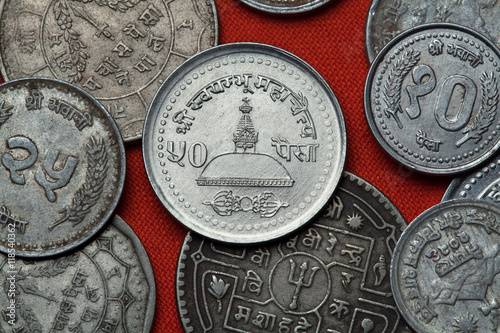 Coins of Nepal. Swayambhunath Temple in Kathmandu photo