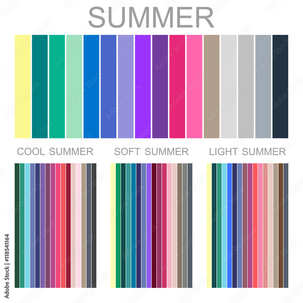 Vecteur Stock Stock vector seasonal color analysis palette for summer type  of female appearance. Set of palettes for cool, soft and light summer |  Adobe Stock