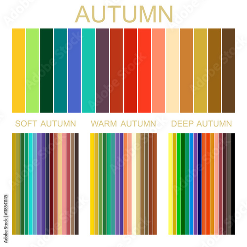 Stock vector seasonal color analysis palette for autumn type of female appearance. Set of palettes for soft, warm and deep autumn