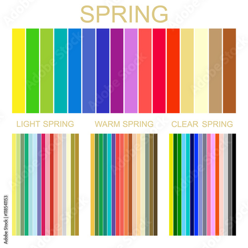 Stock vector seasonal color analysis palette for spring type of female appearance. Set of palettes for light, warm and clear spring