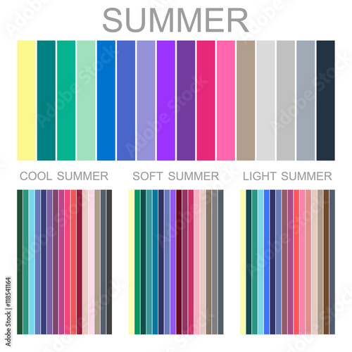Stock vector seasonal color analysis palette for summer type of female appearance. Set of palettes for cool, soft and light summer
